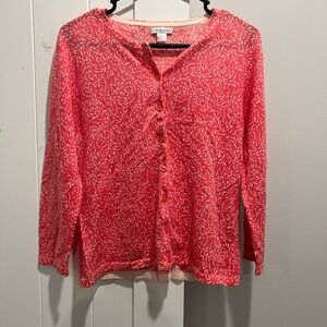Garnet Hill Merino Wool Salmon Pink White Pattern Cardigan Size Large